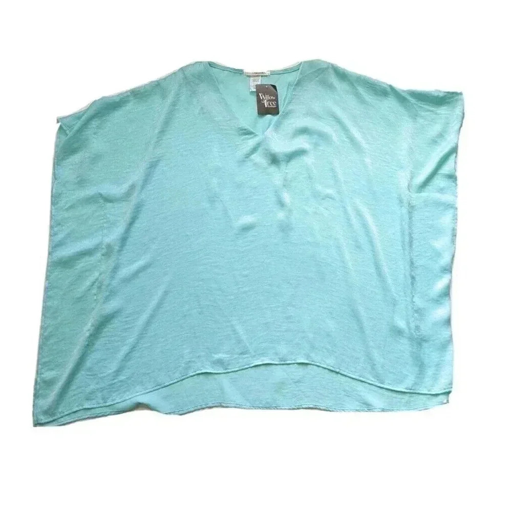 Carmela Light Blue Satin Sheen V Neck Flowy Kapftan Tunic Top NEW Size Small USA